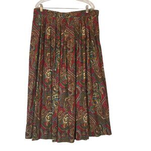 ORVIS Midi Pleated Skirt Size XL Paisley Burgundy Pockets Side Zip Elastic Waist